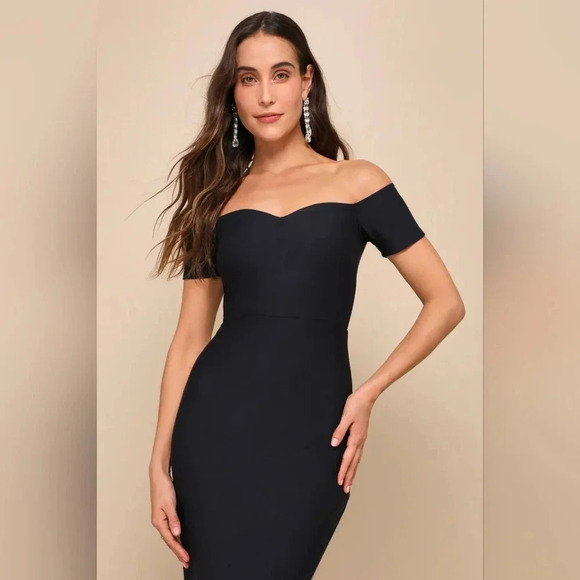 Lulus How Much I Care Midnight Blue Off-the-Shoulder Midi Dress Wedding Party - Picture 3 of 9